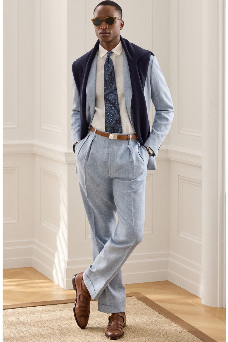 Pleated Délavé Linen Blend Trousers, Alternate, color, BLUE