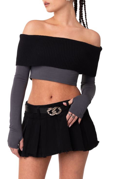 Alma Off the Shoulder Mixed Media Crop Top
