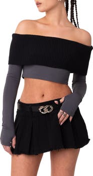 EDIKTED Alma Off the Shoulder Mixed Media Crop Top
