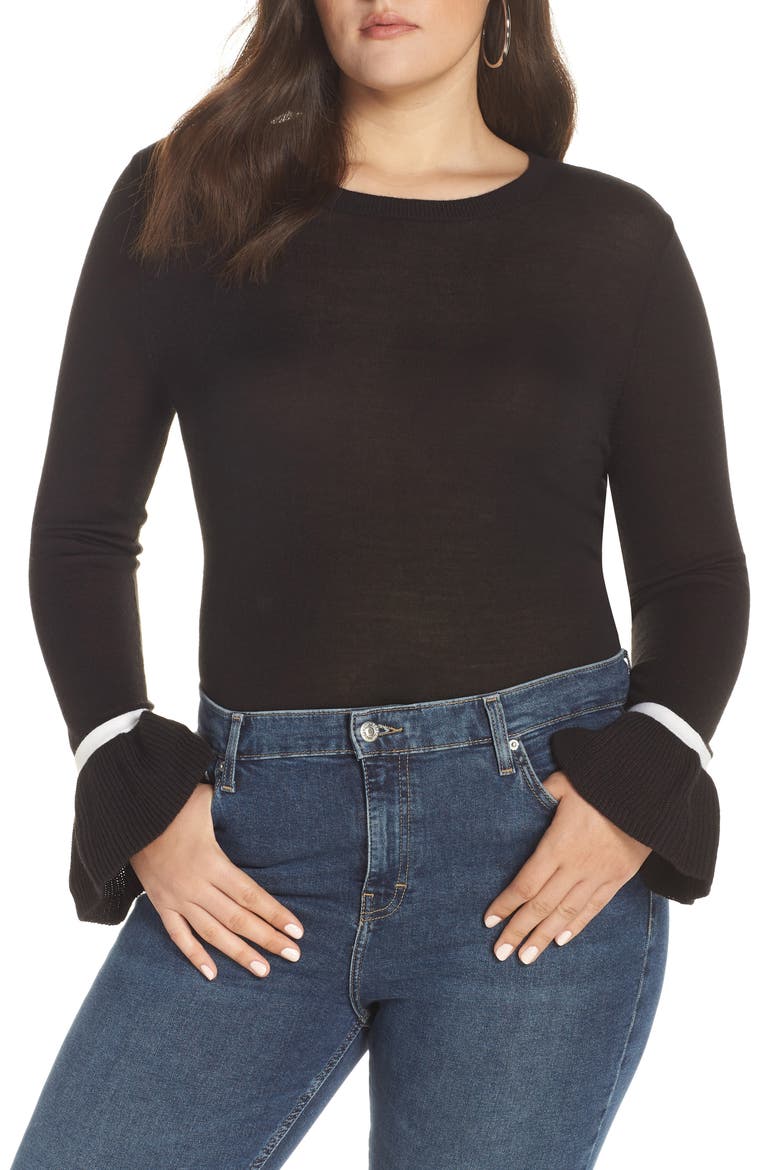 Ruffle Cuff Sweater, Alternate, color, BLACK- IVORY COLORBLOCK