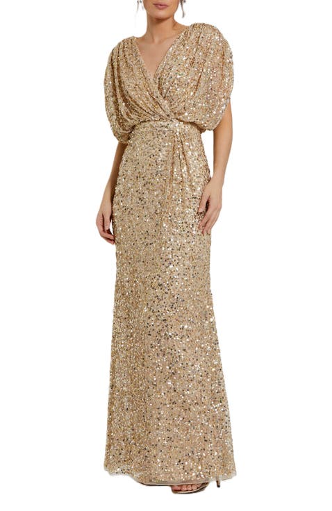 Draped Sleeve Sequin V-Neck Gown