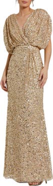 Mac Duggal Draped Sleeve Sequin V-Neck Gown