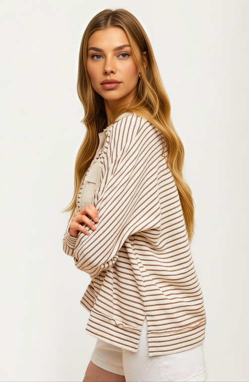 KNIT & LOUNGE KNIT AND LOUNGE STRIPED LONG SLEEVE WAFFLE KNIT PULLOVER TOP