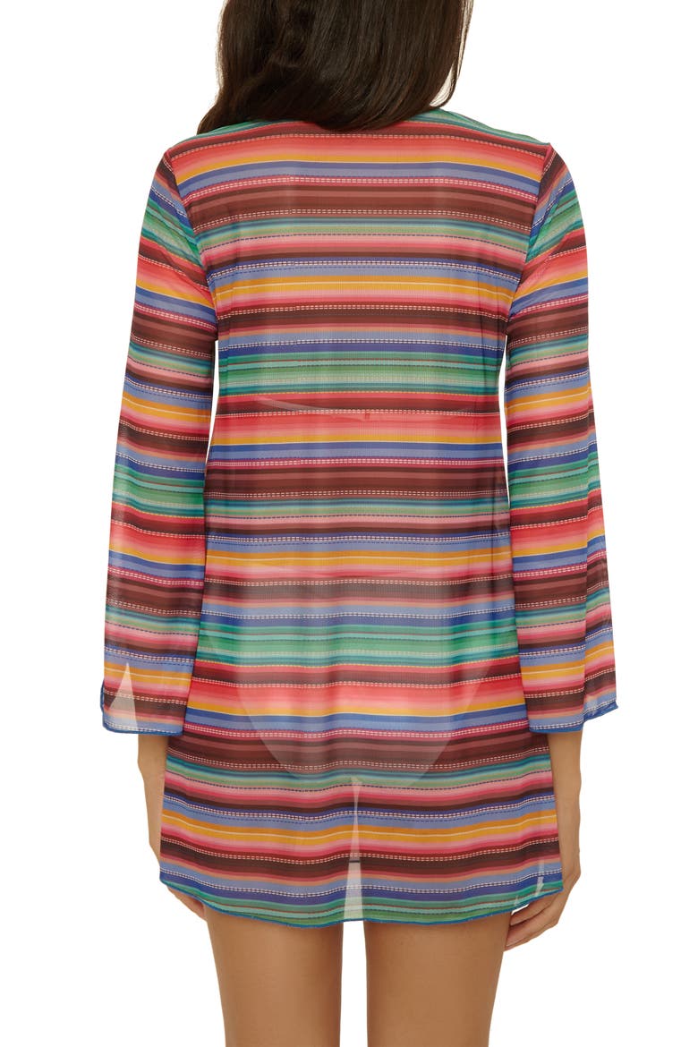 Vallarta Long Sleeve Sheer Mesh Cover-Up Tunic, Alternate, color, RED MULTI STRIPE