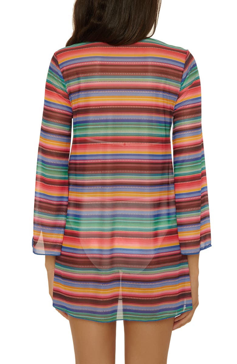 Becca Vallarta Long Sleeve Sheer Mesh Cover-Up Tunic, Alternate, color, Red Multi Stripe