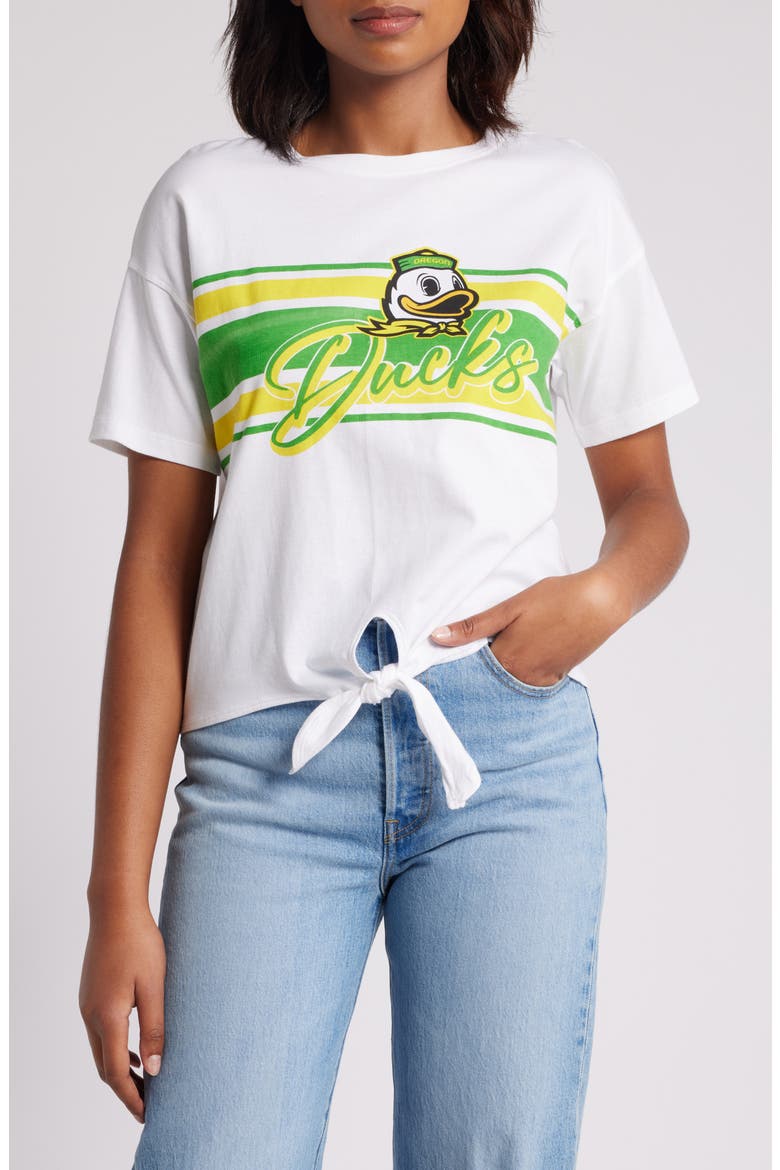 Women's WEAR by Erin Andrews White Oregon Ducks Striped Front Knot Cropped T-Shirt, Main, color, White