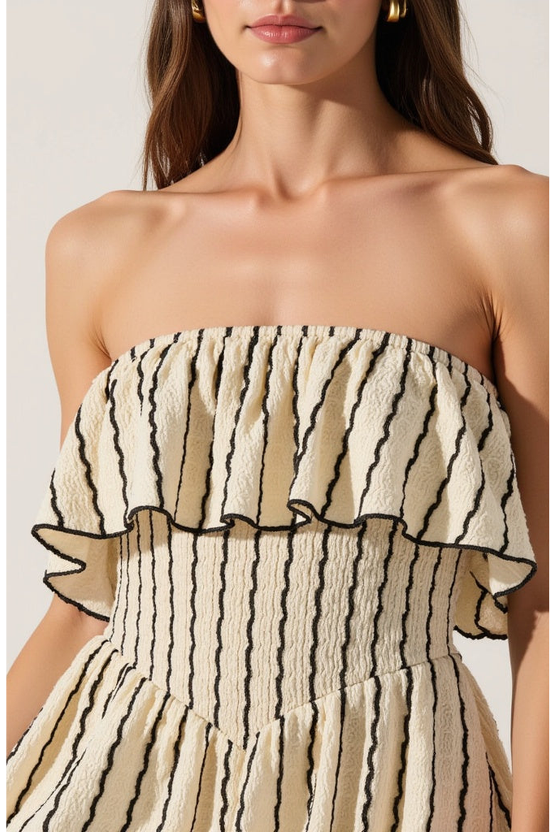 Textured Strapless Mini Dress with Ruffled Bodice and Fitted Waist, Alternate, color, Beige / Black