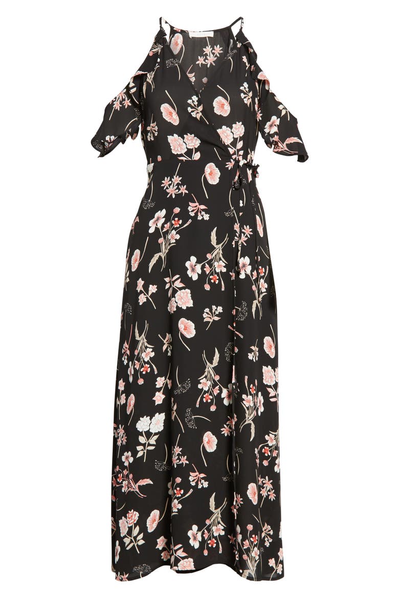 Floral Cold Shoulder Midi Dress, Alternate, color, BLACK BLUSH FLORAL