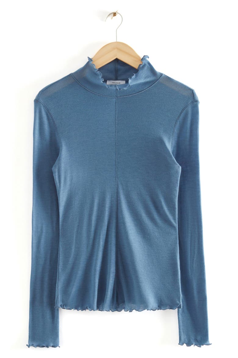 Lettuce Edge Mock Neck Wool Blend Top, Alternate, color, BLUE