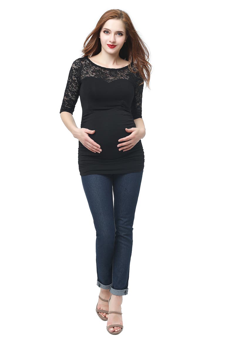 Lace Trim Ruched Maternity Top, Alternate, color, BLACK
