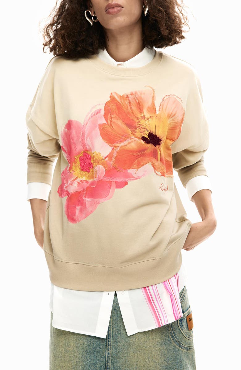 Desigual Floral Graphic Sweatshirt, Main, color, Off White