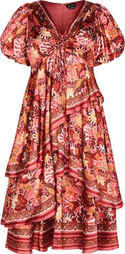 City Chic Thea Floral Tiered Puff Sleeve Midi Dress
