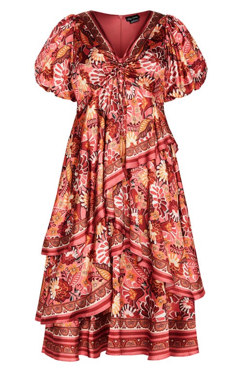 City Chic Thea Floral Tiered Puff Sleeve Midi Dress In Brown