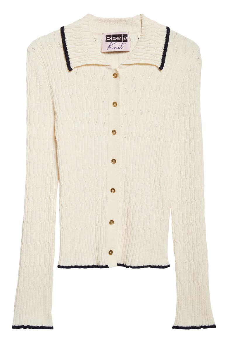 Contrast Trim Pointelle Cable Knit Cardigan, Alternate, color, IVORY