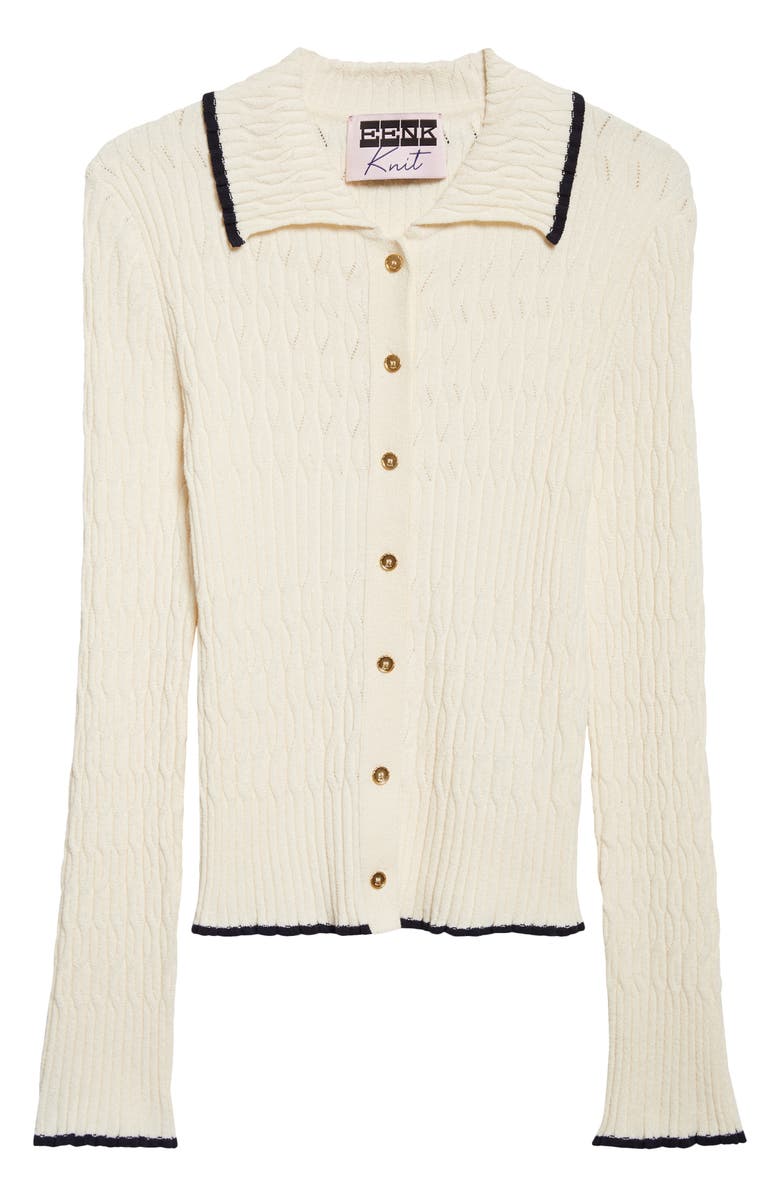 EENK Contrast Trim Pointelle Cable Knit Cardigan, Main, color, Ivory
