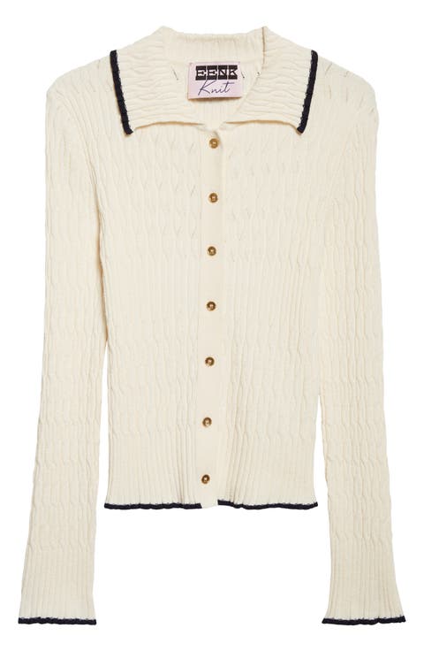 Contrast Trim Pointelle Cable Knit Cardigan