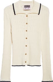 EENK Contrast Trim Pointelle Cable Knit Cardigan