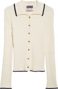 EENK Contrast Trim Pointelle Cable Knit Cardigan