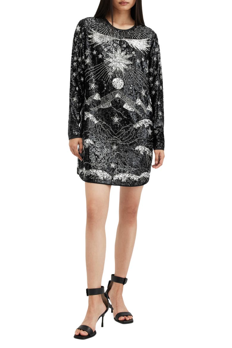 Noushka Mixed Sequin Print Long Sleeve Dress, Main, color, BLACK/ SILVER