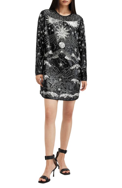 AllSaints Noushka Mixed Sequin Print Long Sleeve Dress in Black/Silver 