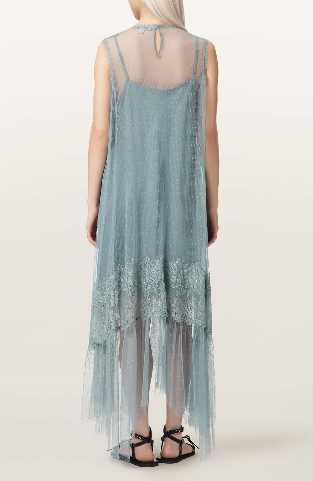 AllSaints Clara Sheer Lace Sleeveless Handkerchief Hem Dress (Women ...