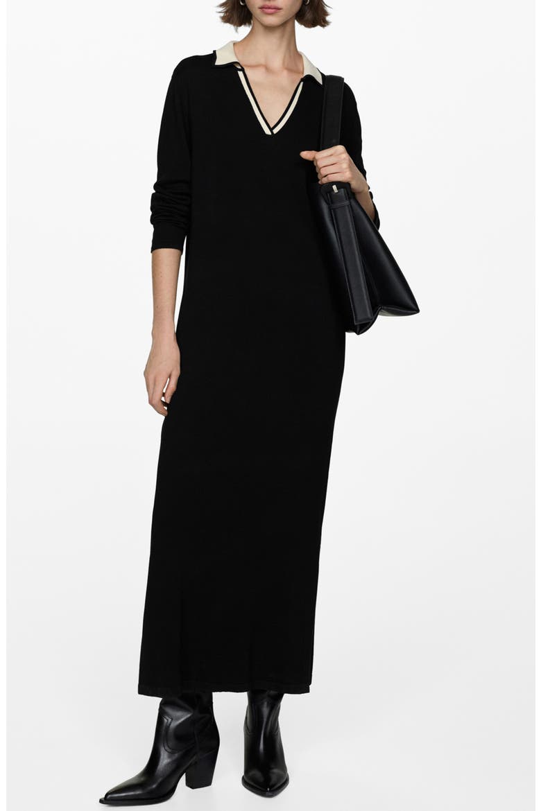 Contrast Collar Long Sleeve Knit Dress, Main, color, BLACK