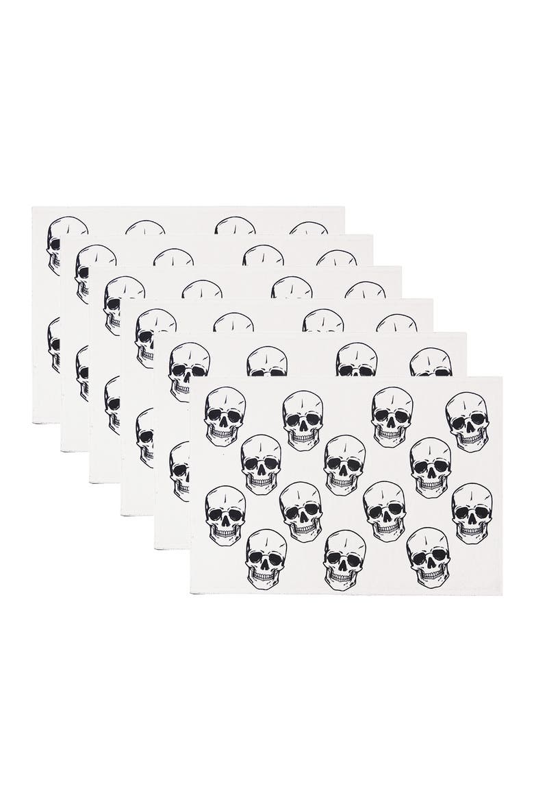 Skully Pattern Motifs Black & White 100% Cotton Set of 6 Halloween Placemats 14" x 20", Alternate, color, Black