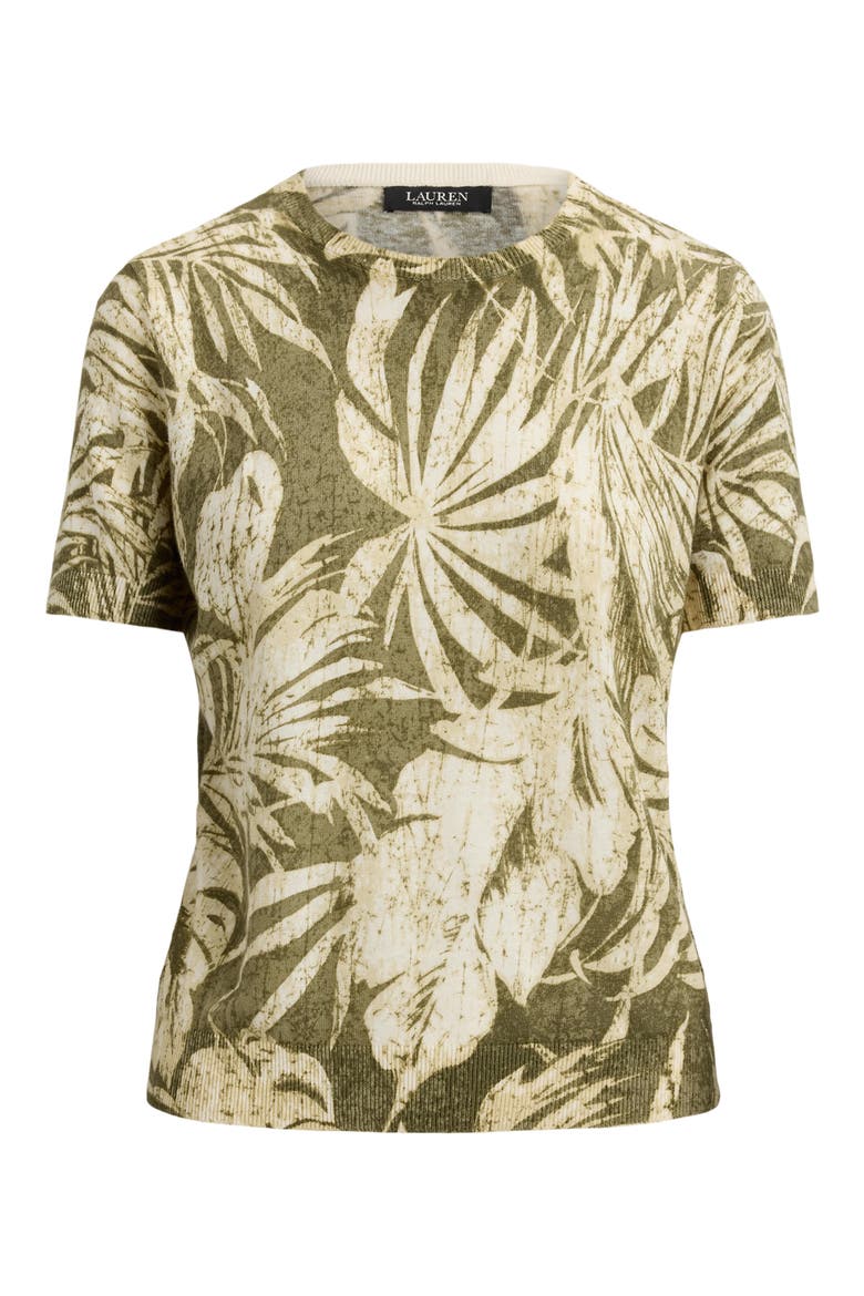 Floral Short Sleeve Linen & Cotton Sweater, Alternate, color, FARM OLIVE GREEN
