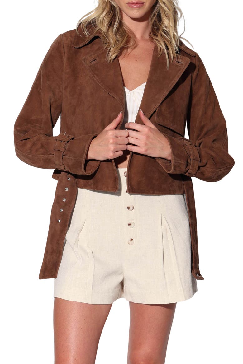 Rexa Suede Short Trench Jacket, Main, color, CHESTNUT SUEDE