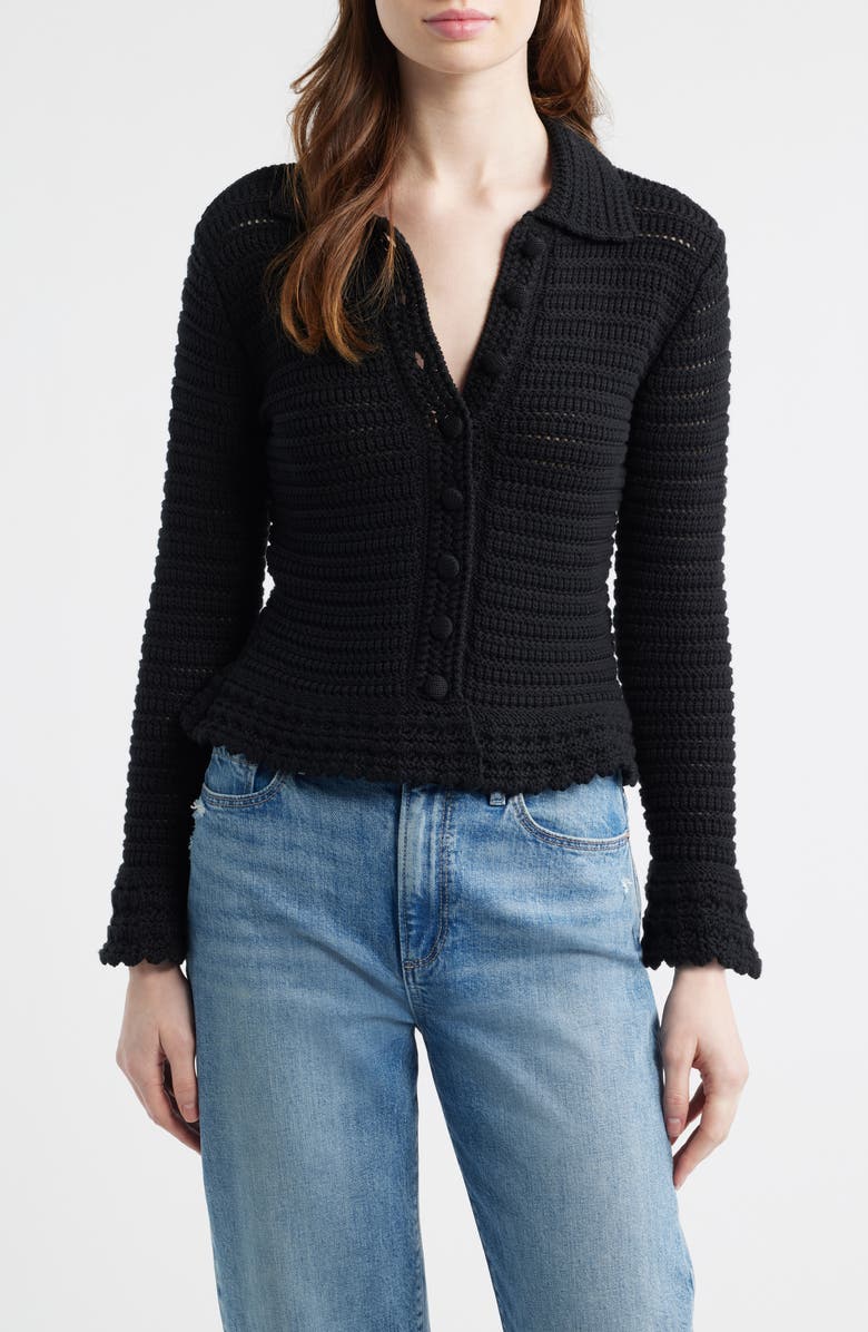 Madewell Pointelle Knit Peplum Cotton Cardigan, Main, color, Jet Black