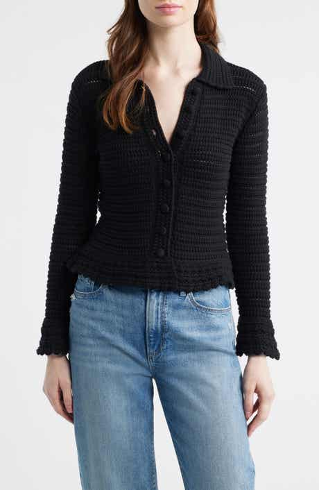 Pointelle Knit Peplum Cotton Cardigan