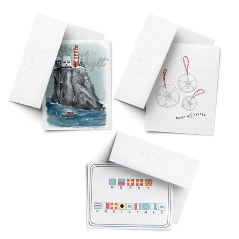 Sand Dollar, Merry Christmas Nautical Flag, Merry and Bright Winter/Holiday/Christmas Greeting Card Pack Sets (3 ct, Assorted)
