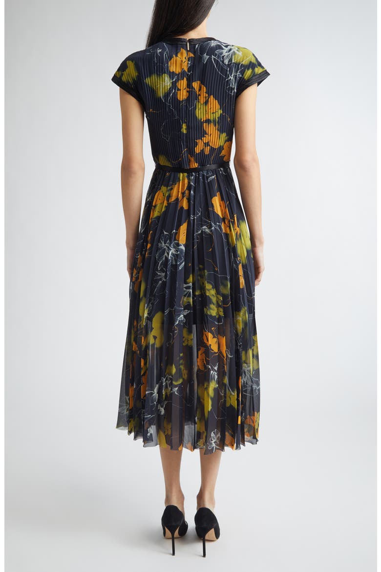 Shadow Floral Print Pleated Georgette Midi Dress, Alternate, color, ULTRA NAVY
