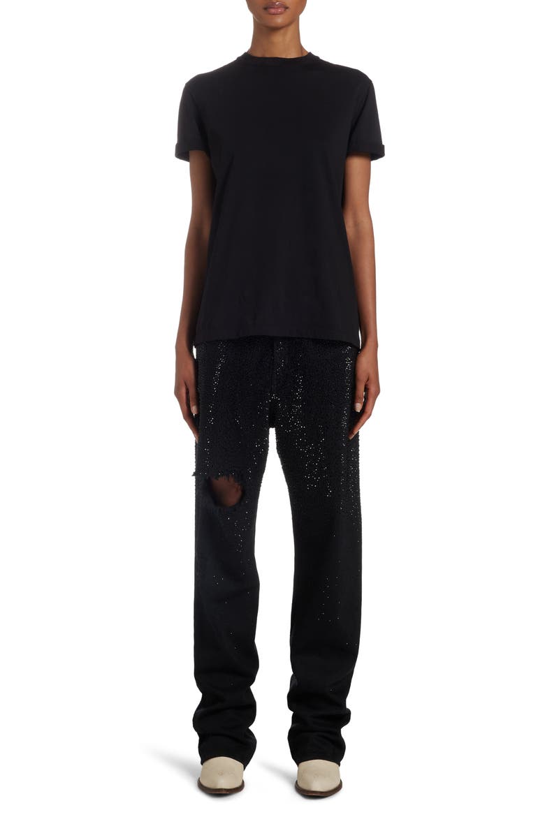 Crystal Embellished Ripped Straight Leg Jeans, Alternate, color, BLACK