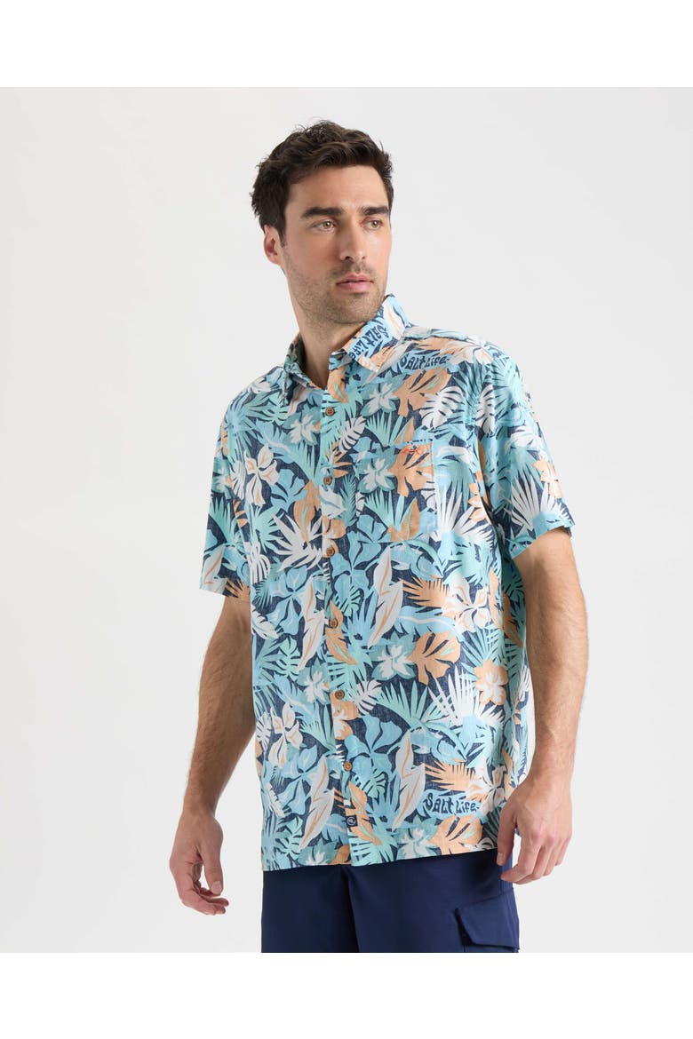 Retro Tropical Tuna Woven Short Sleeve Shirt, Alternate, color, Washed Navy