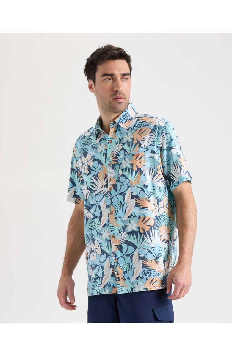 Salt Life Retro Tropical Tuna Woven Short Sleeve Shirt, Alternate, color, Washed Navy