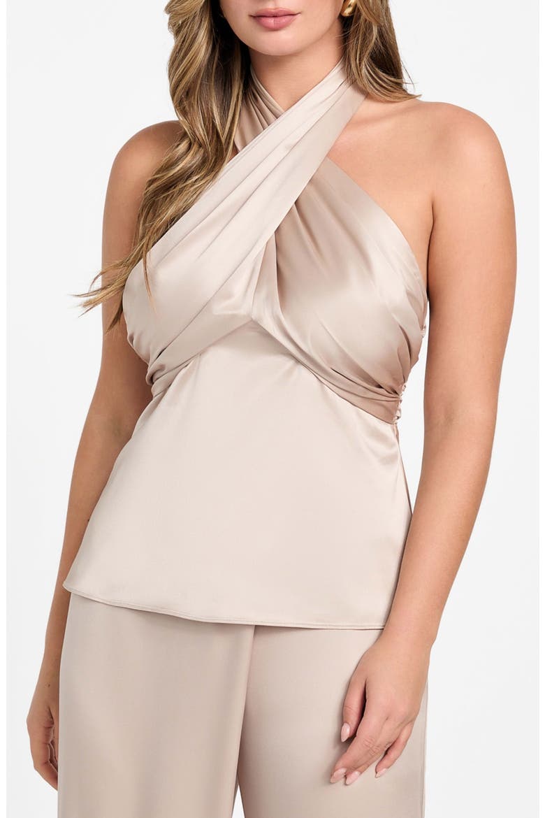 Aretha Twist Front Satin Halter Top, Main, color, VELVET TAUPE