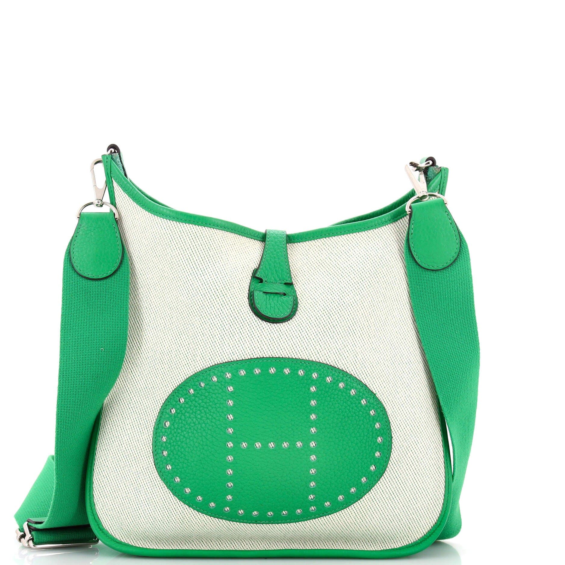Pre-Owned Hermes Evelyne Bag Gen III Toile and Leather PM, Main, color, Green