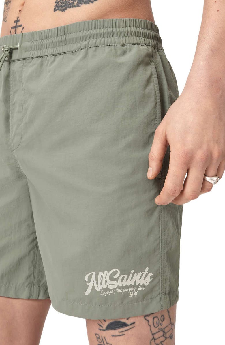 AllSaints Odyssey Logo Swim Trunks, Alternate, color, Spring Green