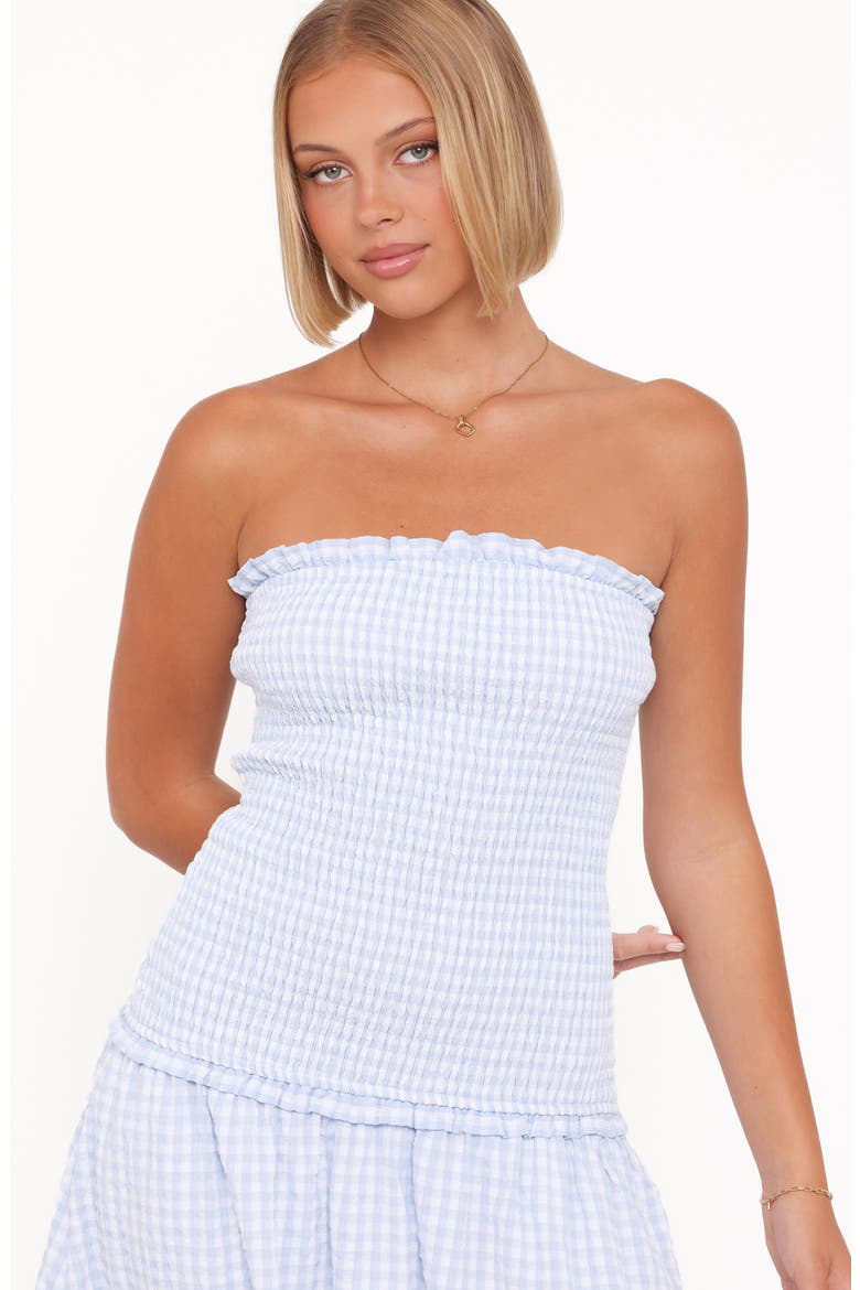 Parkway Gingham Smocked Strapless Maxi Dress, Alternate, color, BLUE GINGHAM