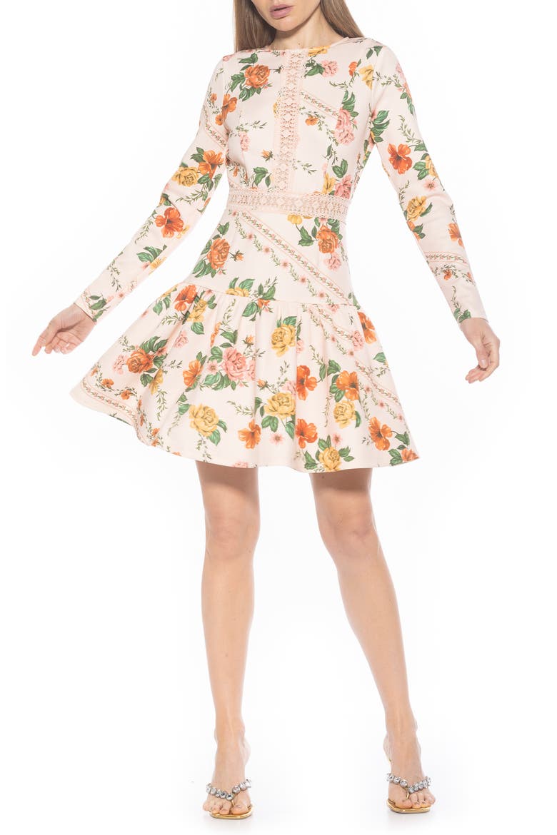 Alexa Floral Long Sleeve Fit & Flare Dress, Main, color, BEIGE FLORAL