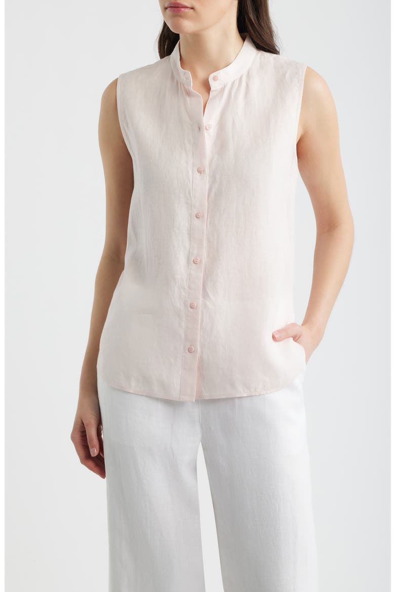 Sleeveless Linen Mandarin Collar Button-Up Shirt, Main, color, CRYSTAL PINK