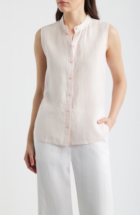 Sleeveless Linen Mandarin Collar Button-Up Shirt