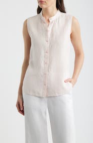 Eileen Fisher Sleeveless Linen Mandarin Collar Button-Up Shirt