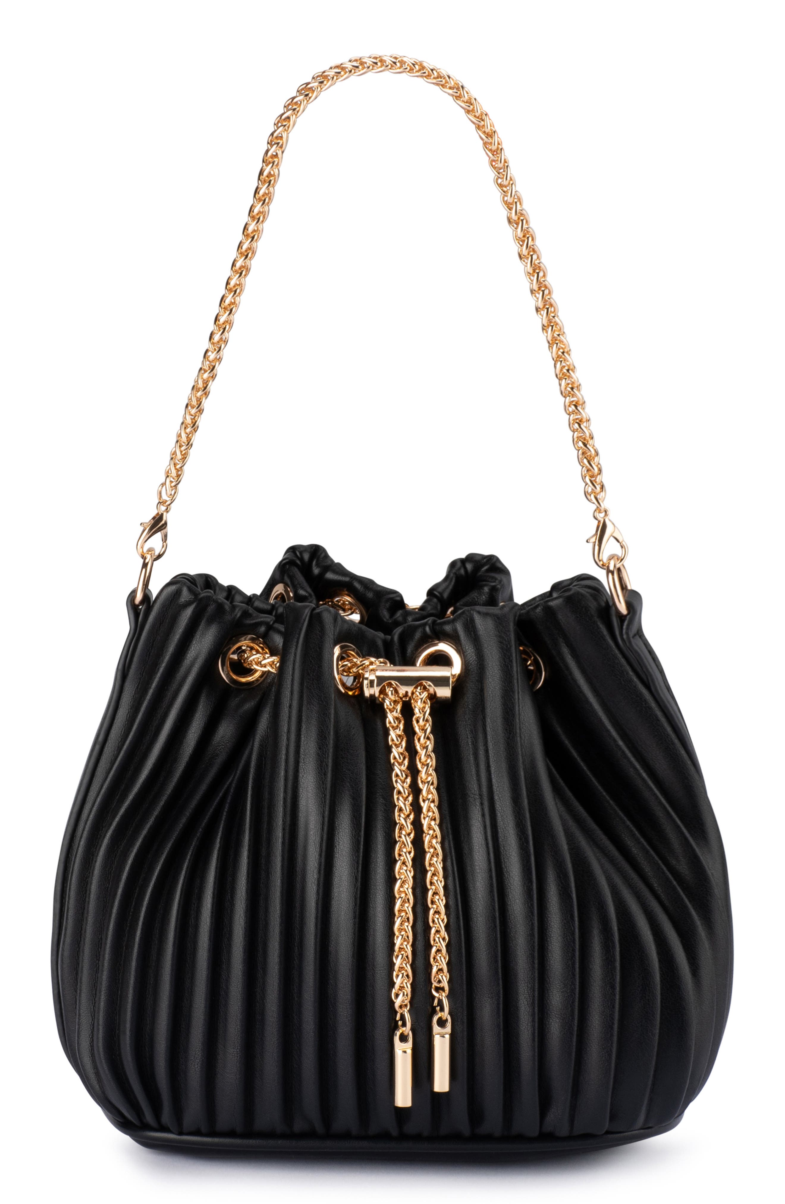 Olga Berg Remi Pleated Faux Leather Drawstring Bucket Bag in Black 