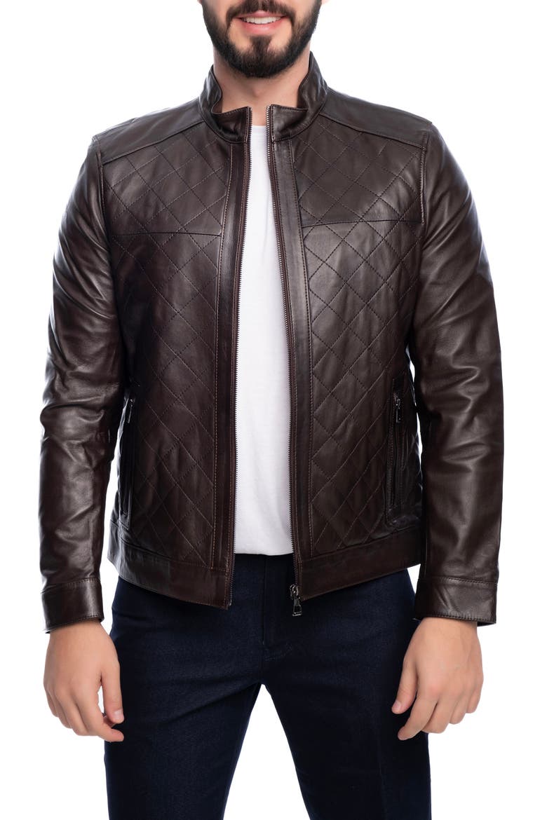 Leola Diamond Quilted Leather Jacket, Main, color, DARK BROWN