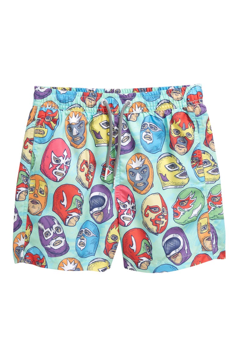 Kids' Mexican Masks Shortie Swim Trunks, Main, color, GREEN