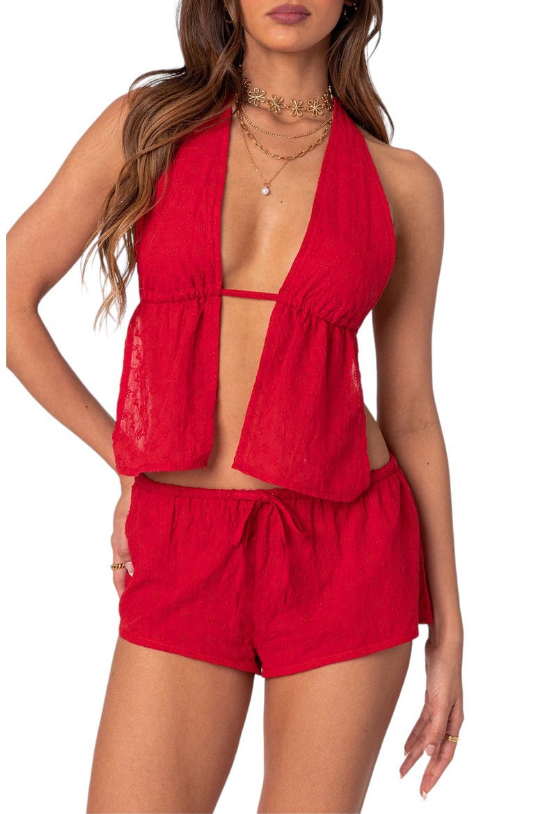 Cayenne Eyelet Split Front Open Back Halter Top, Main, color, RED