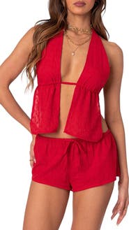 EDIKTED Cayenne Eyelet Split Front Open Back Halter Top
