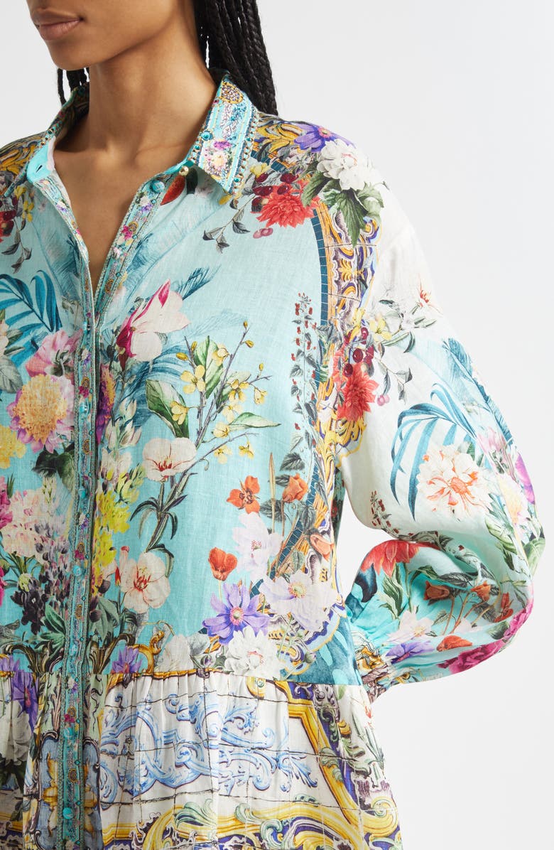 Camilla Tiered Long Sleeve Linen Shirtdress, Alternate, color, Gardens Of Queluz